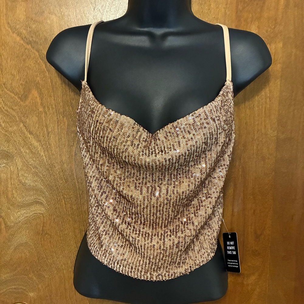 Express Shimmering Beige Sequin Cowl Neck Cropped Cami Size XS - Picture 2 of 4